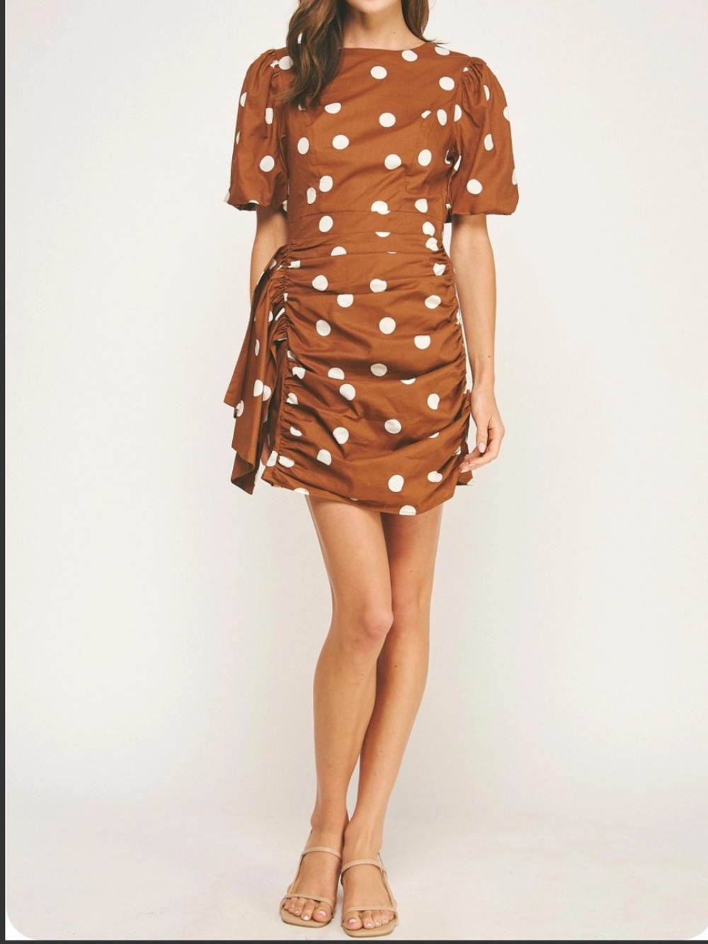Strut & Bolt Boutique Brown Polkadot Ruched Dress Large NWT Party Puff Sleeve - Picture 2 of 8
